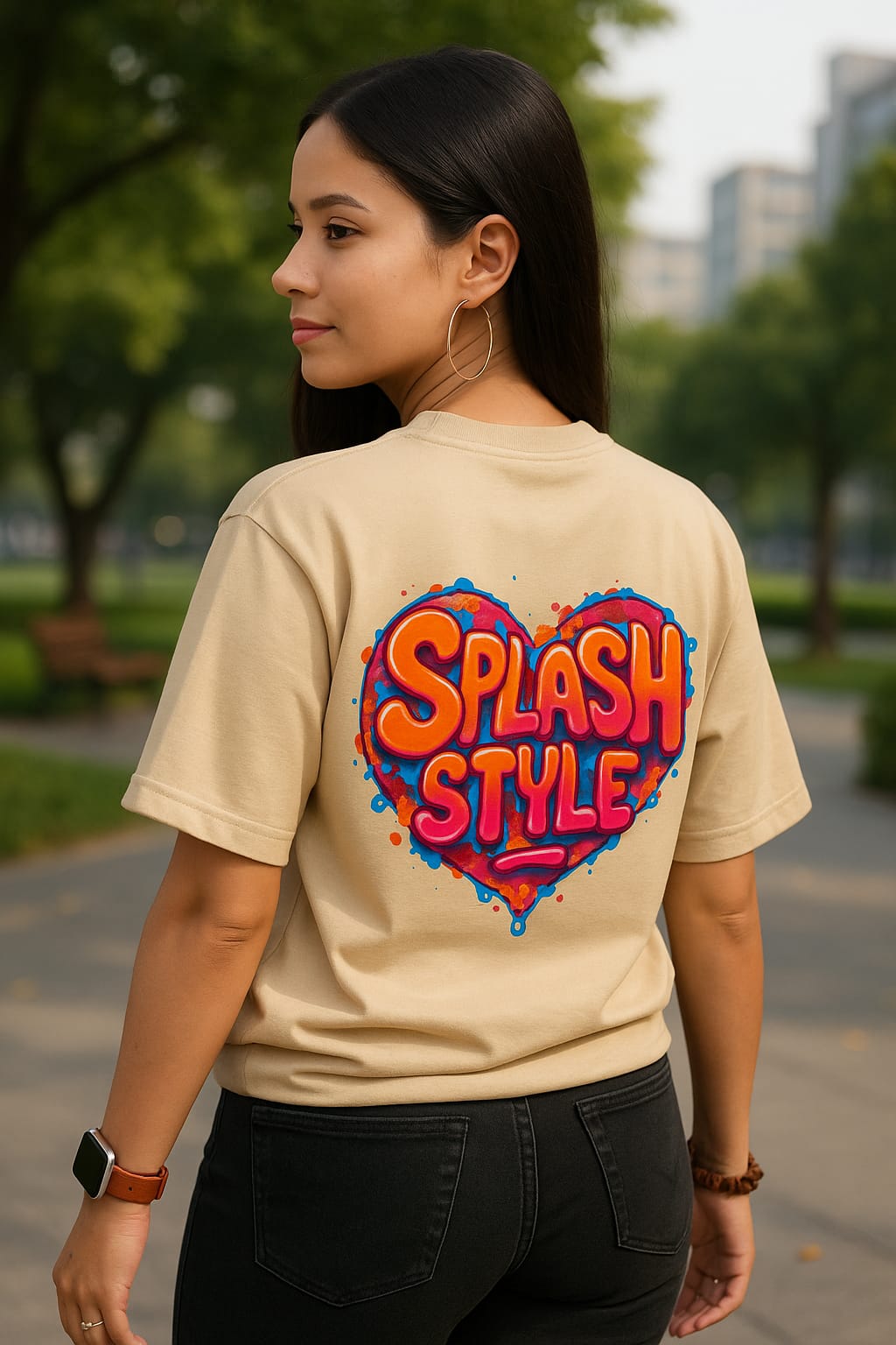 SplashStyle Heart F&B Oversized Beige Tshirt - Image 2