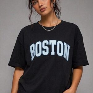 SplashStyle Boston Print Oversized Drop Shoulder Cotton Blend Tshirt – Black